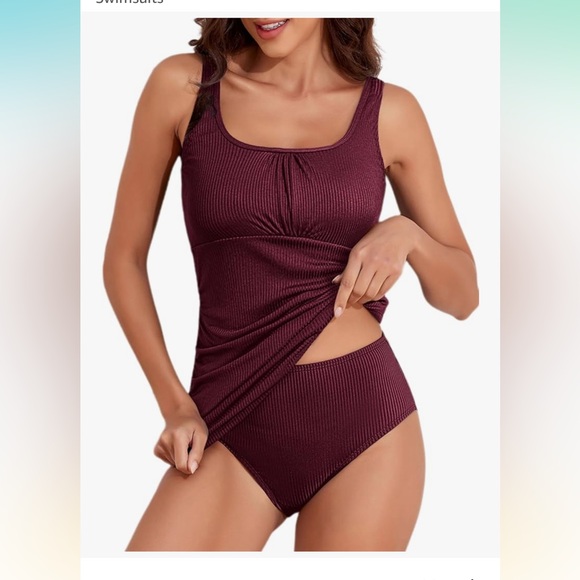 Aleumdr M NWOT Burgundy ribbed Tankini tummy control 2 piece swimsuit - Picture 1 of 8